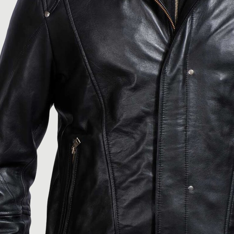 Mens Highschool Black Hooded Leather Jacket Close-Up-9-1718118413209
